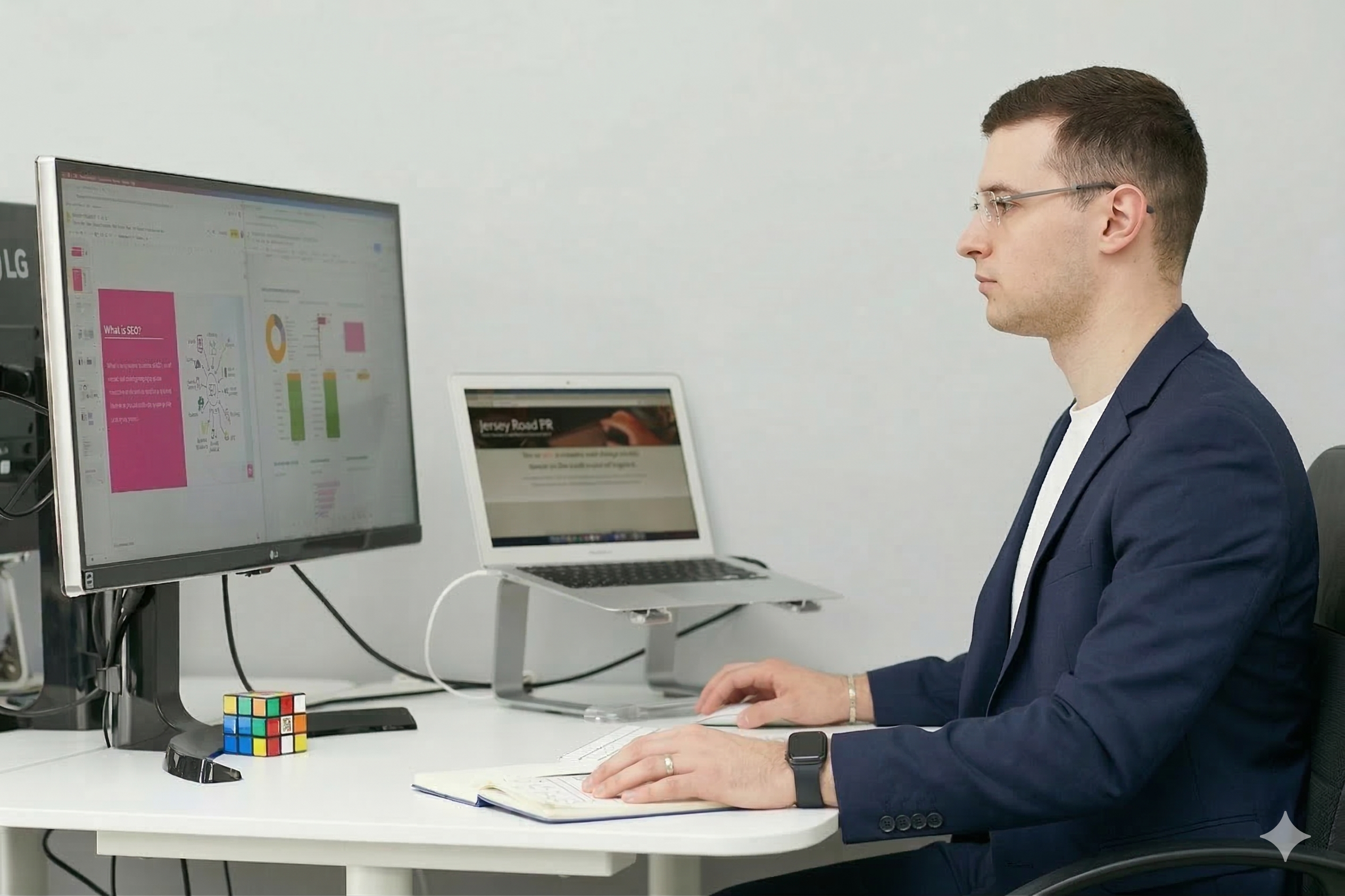 a man sitting at a desk with a laptop and a computer